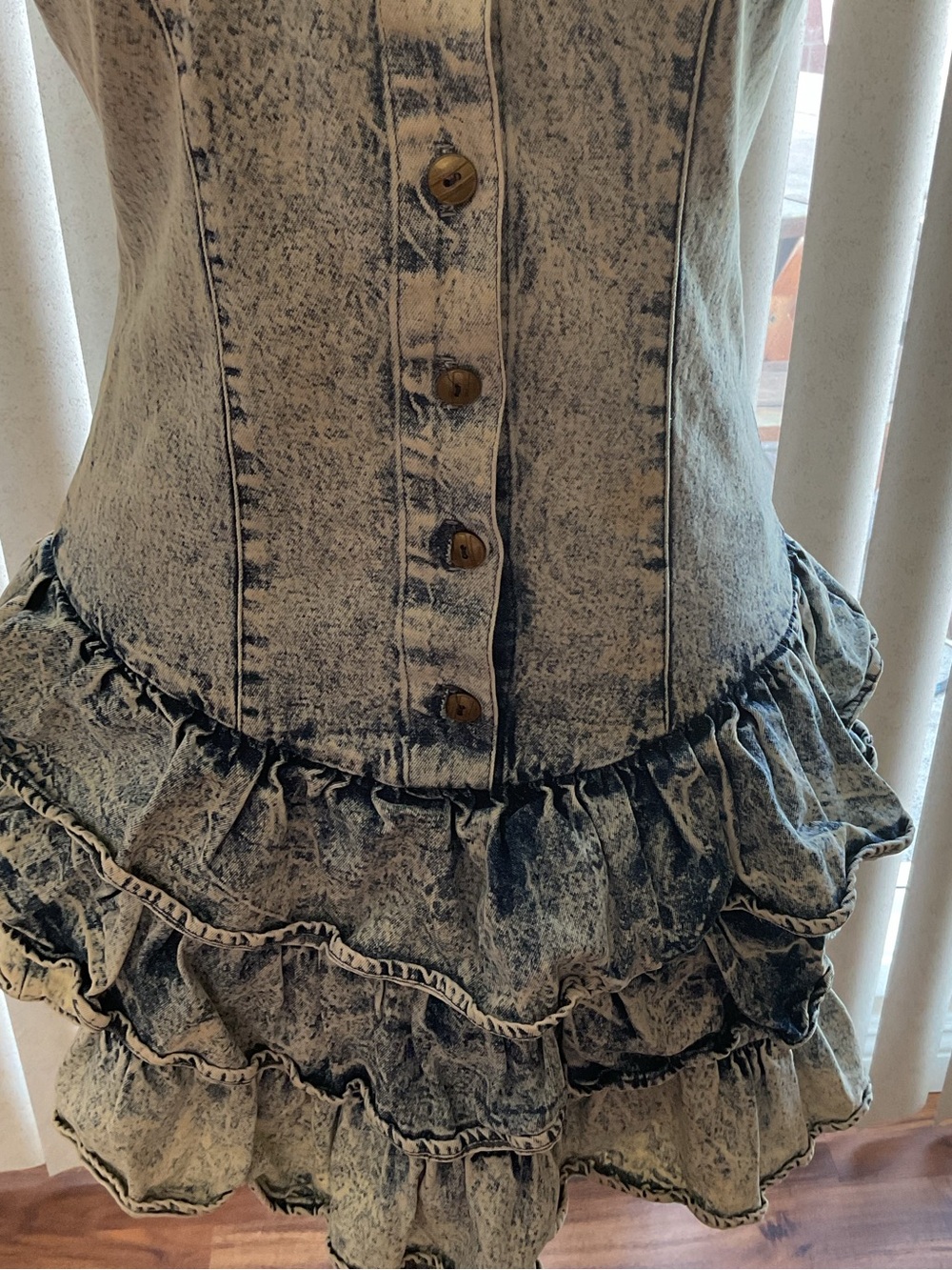 Vintage 80s Notorious Acid Wash Denim Dress 7/8 Ruffle Puff Sleeve Mini - Picture 4 of 8